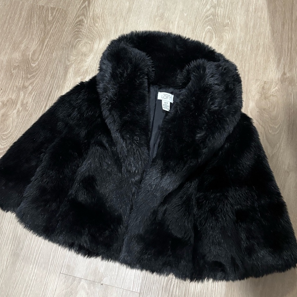 LOFT Elegant Black Faux Fur Coat Cape
